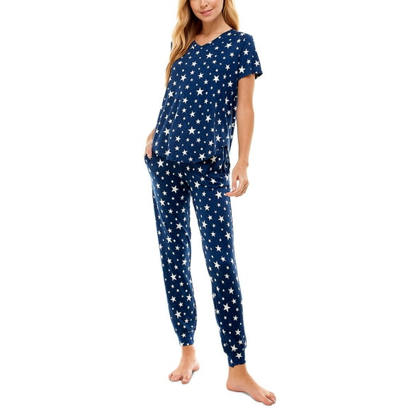 Roudelain V-Neck T-Shirt & Jogger Pants Pajama Set - Libra Stars Estate Blue, Size Large