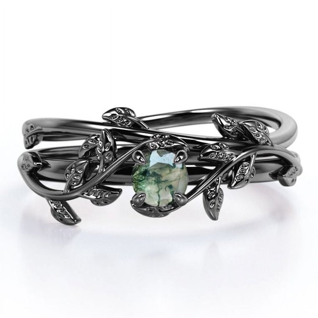 JeenMata Anillo de Bodas Solitario de Ágata Verde Musgo Natural de Forma Redonda de 0,50 Quilates con Diseño Botánico Engastado en Oro Negro de 18 K sobre Plata