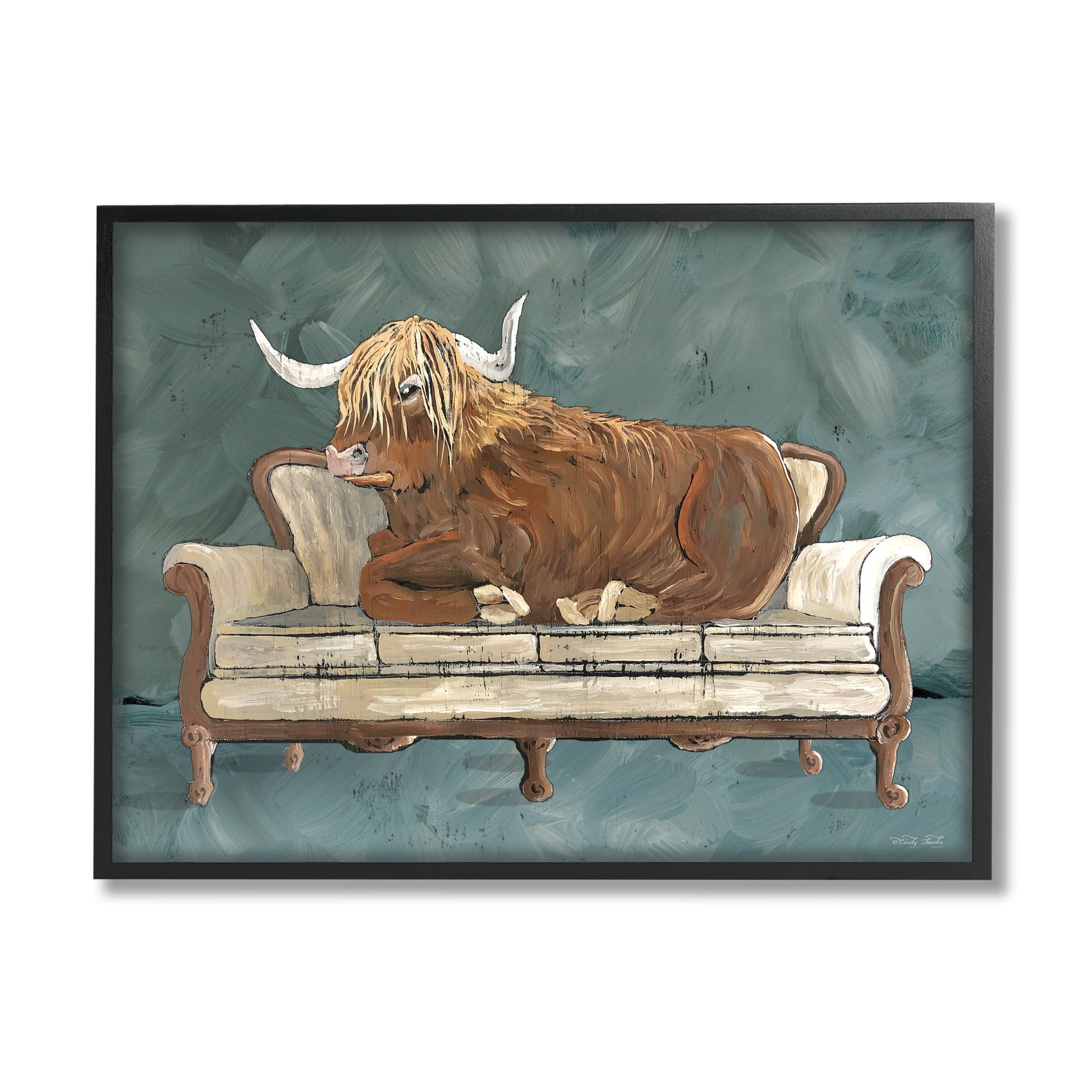 Stupell Industries Shaggy Cattle Resting Living Room Couch Green Gray, 30 x 24, Design by Cindy Jacobs