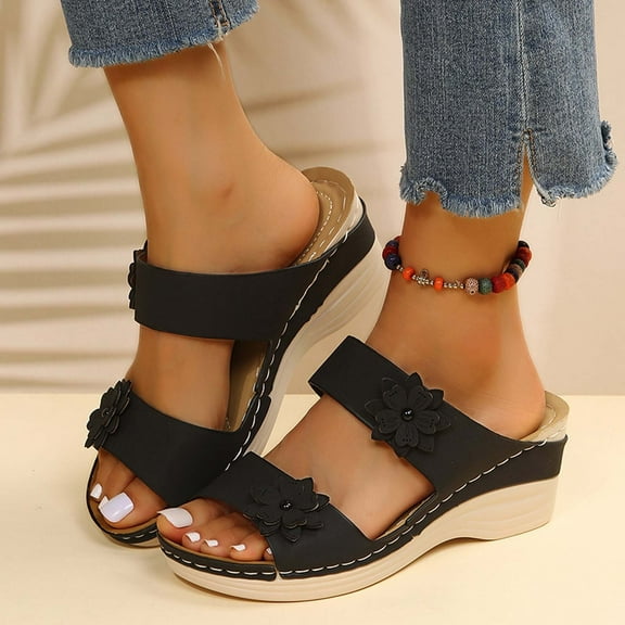 CQONEPT Sandals Women Wedge Shoes - Orthopedic Comfortable Arch Support Platform Sandals for Women Wedge Summer Dressy Flip Flop Casual Bunion Breathable Shoes Size 5.5 Black