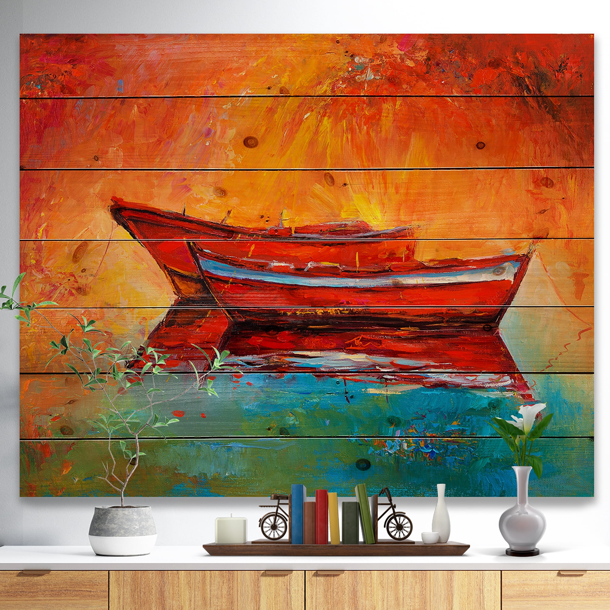 Designart 'Red Boats over Golden Sunset' Nautical Painting Print on Natural Pine Wood