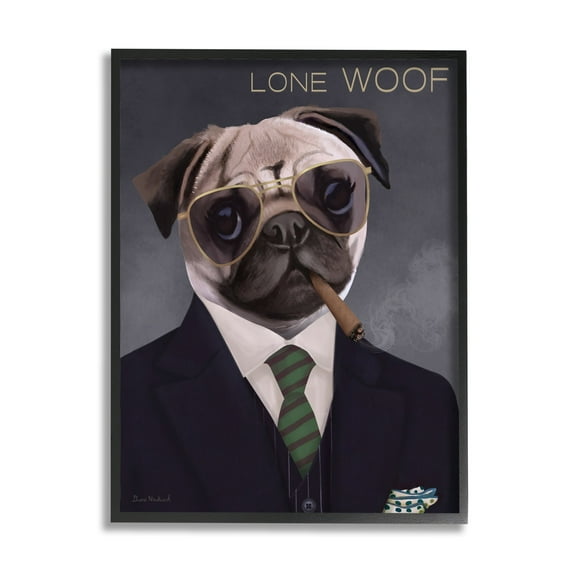 Stupell Industries Lone Woof Pug Dog Smoking Cigar Necktie Graphic Art Black Framed Art Print Wall Art, Design by Diane Neukirch