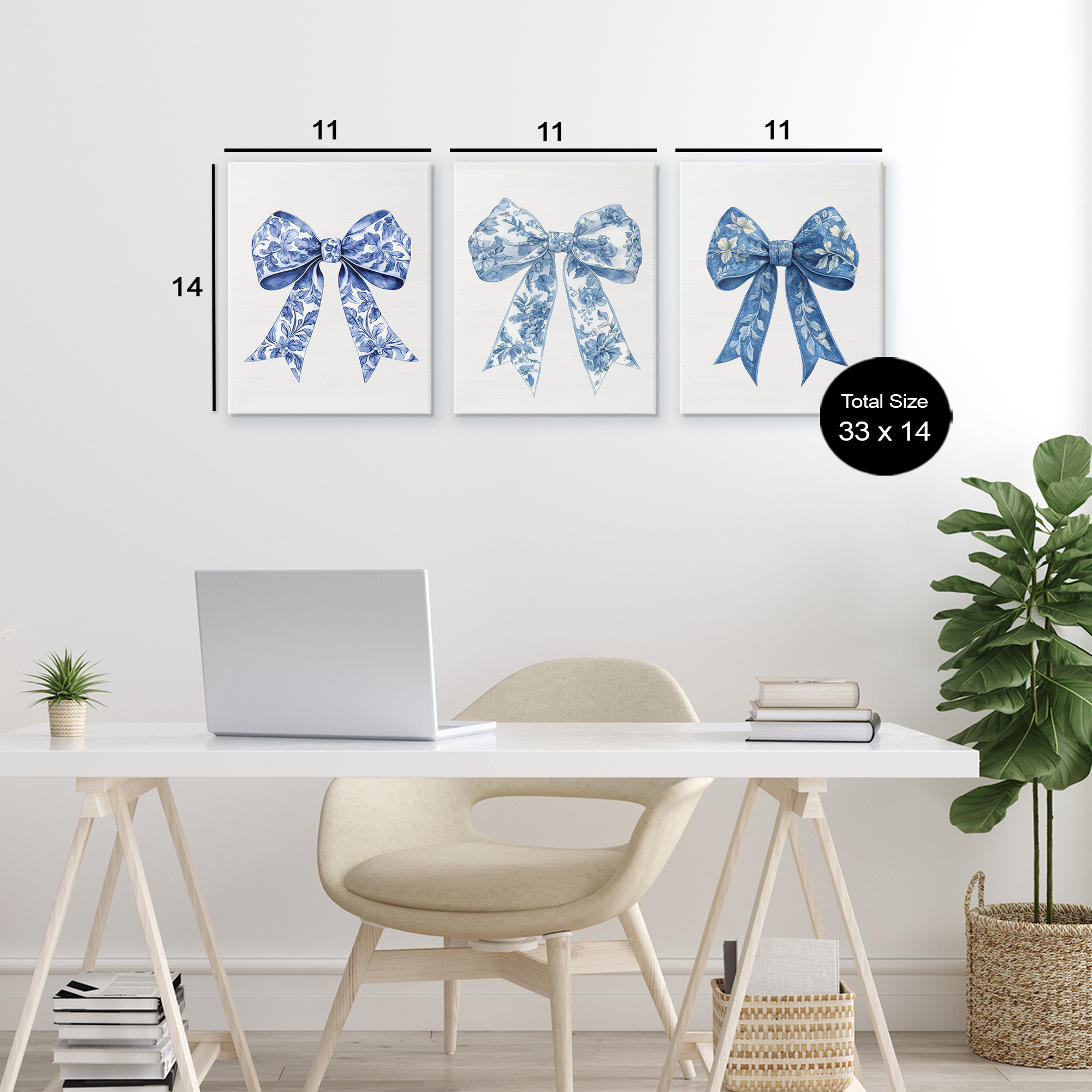 Vintage Toile Pattern Bows 3 Piece Canvas Wall Art Set, design by Lettered and Lined