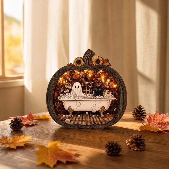 Halloween Ghost Reading Pumpkin Plaque,Halloween Ghost Pumpkin Decor Wooden Pumpkin Ghost Sign, Cute Bookish Shelf Decor,Freestanding Wood Tabletop Decor,Mantel Party Display,2D,Without Light(A)