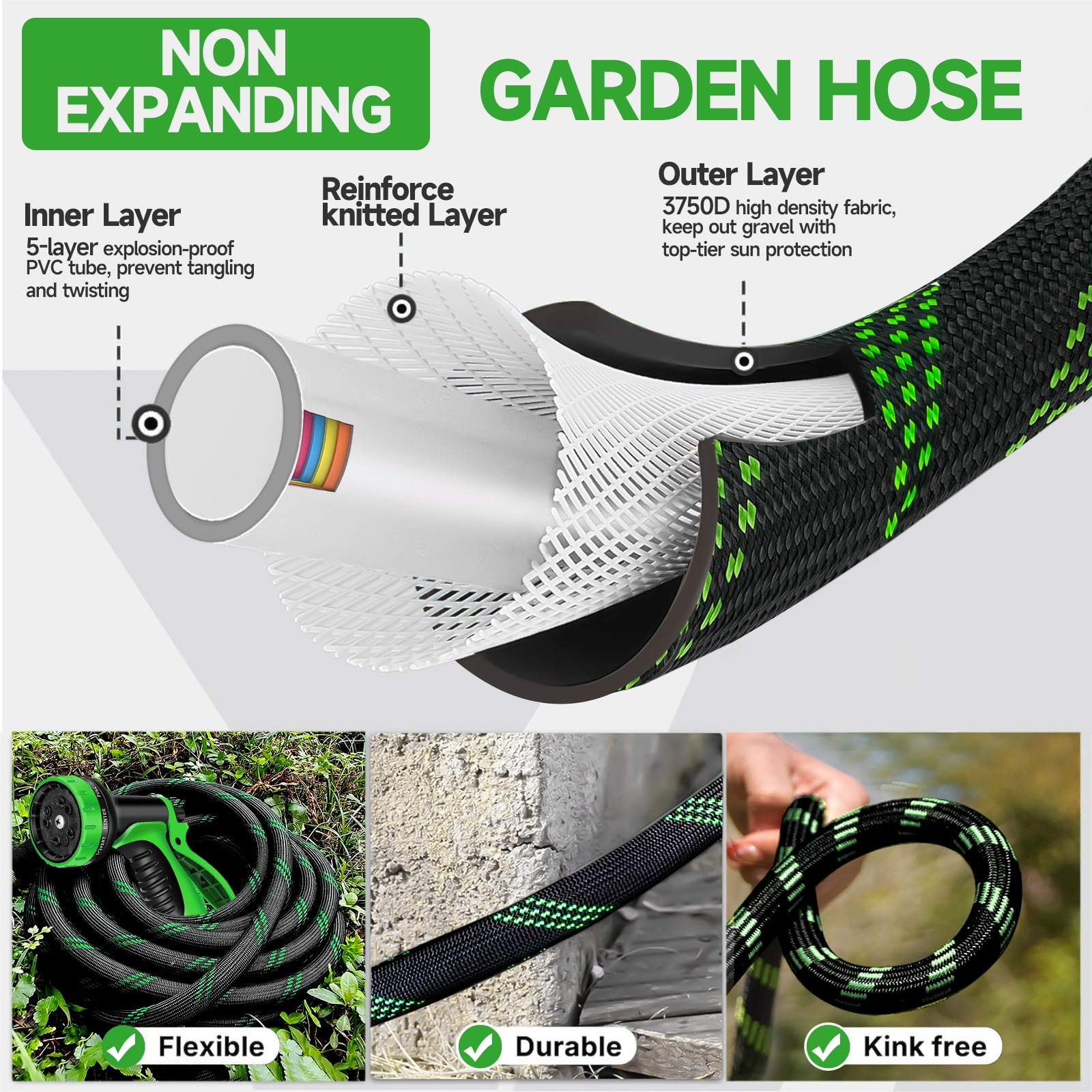 LOVFEN 50 ft Garden Hose,Non-Expanding Kink Free Flexible Water Hose with 10-Pattern Spray Nozzle, Lightweight Hose Pipe, Leak Proof, 3/4" Swivel Connectors, Super Fabric, Portable Storage Strap