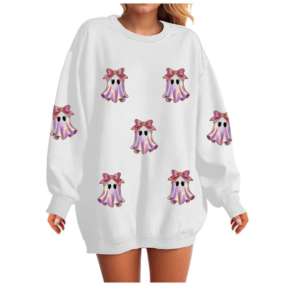 Duqingm Womens Halloween Sweatshirt Crewneck Cute Ghost Graphic Long Sleeve Fleece Pullover Sweatshits Oversized Fall Outfits,2XL