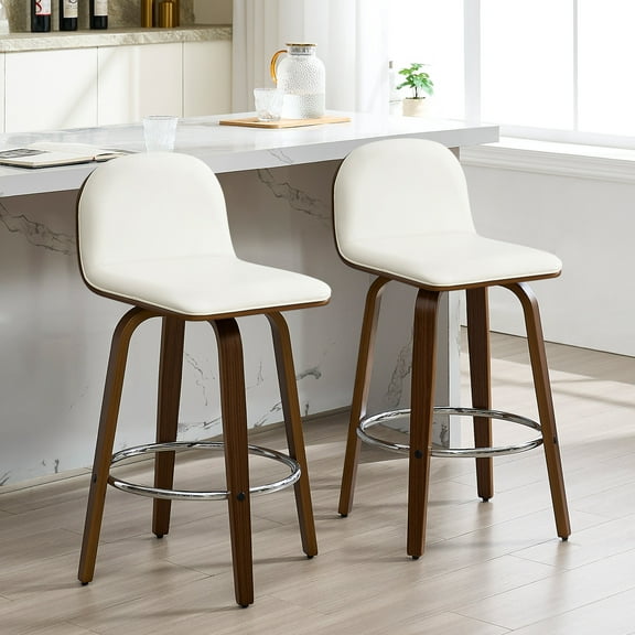 Swivel Bar Stools Set of 2, 26" Counter Height Upholstered PU Leather Barstools with Low Back Walnut Bentwood Legs, Mid Century Modern Bar Chair Kitchen Island Stool