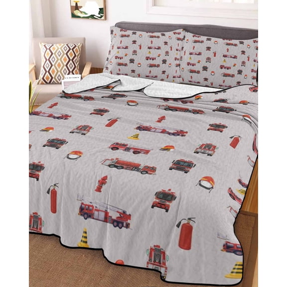 Cartoon Car Twin Size Down Alternative Comforter, Lightweight Comforter Quilt Bedding Set with Pillow Shams Funny Red Black Fire Truck Print Vintage All Seasons Bed Comforter Duvet Insert 68"x86"