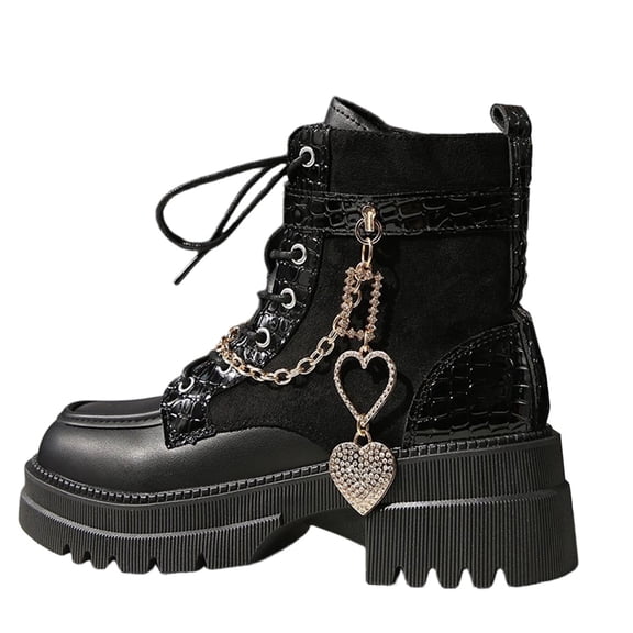 Taqqpue Boots for Women,Block Heel Chain Ankle Booties Women's Lace up Studded Motorcycle Boots Mid Calf Goth Boots