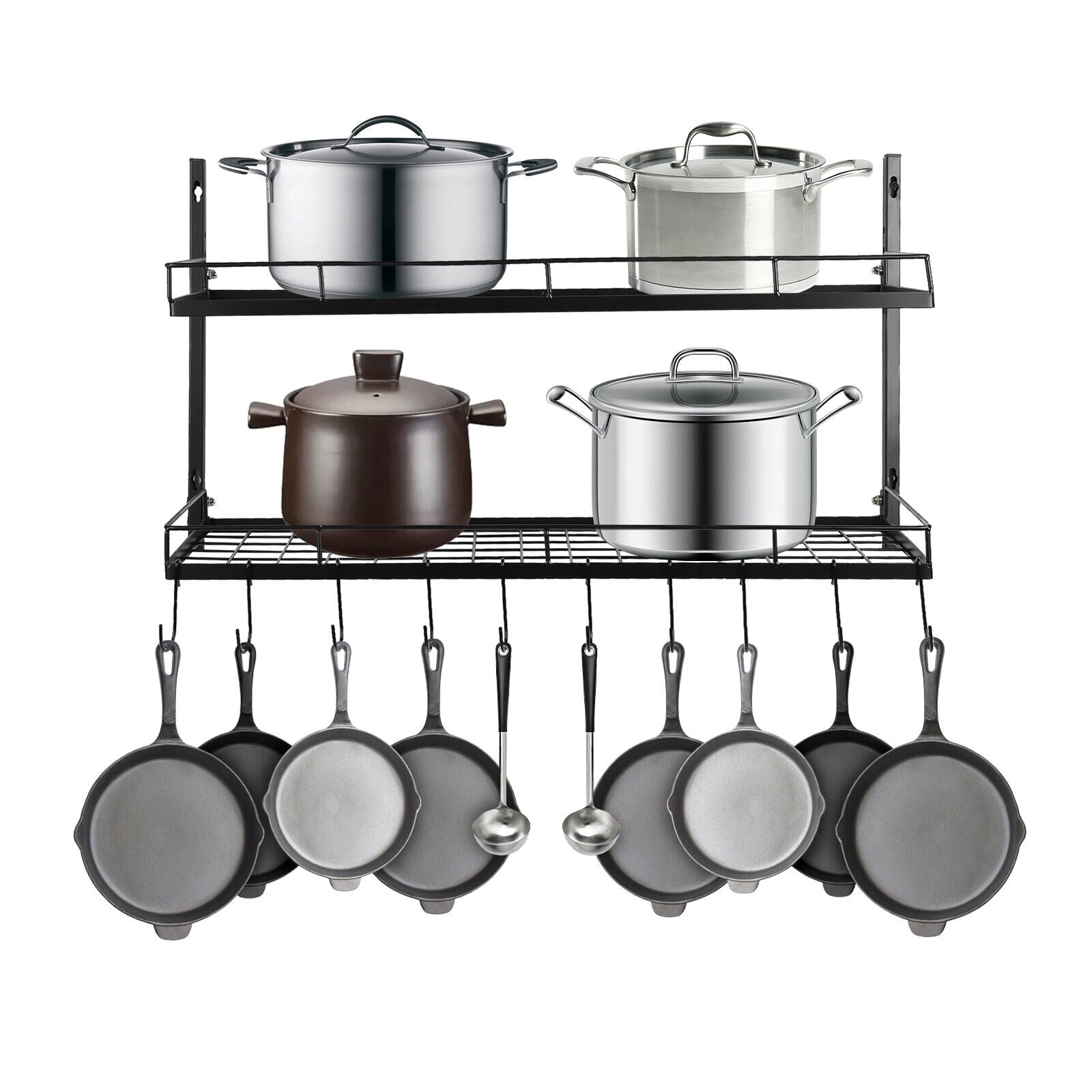 Heavy Duty Kitchen Wall Mounted Hanging Pot and Pan Rack Organizer with Ten  Hooks  2-Tiered Shelves for Kitchen Storage Organization, Bakers Rack,  Cast Iron Skillets, Plants, Coffee Mugs (Black, 29) 