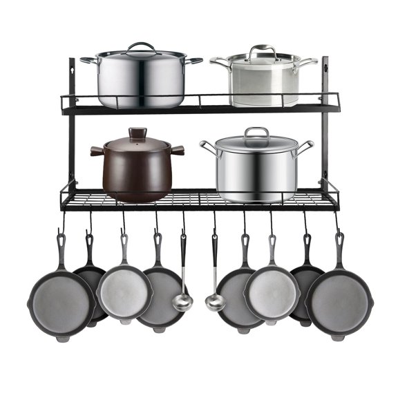 2 Tier Pot and Pan Rack Organizer Hanger Storage Wall Holder Kitchen Cookware Hanging Rack with 10x Hooks