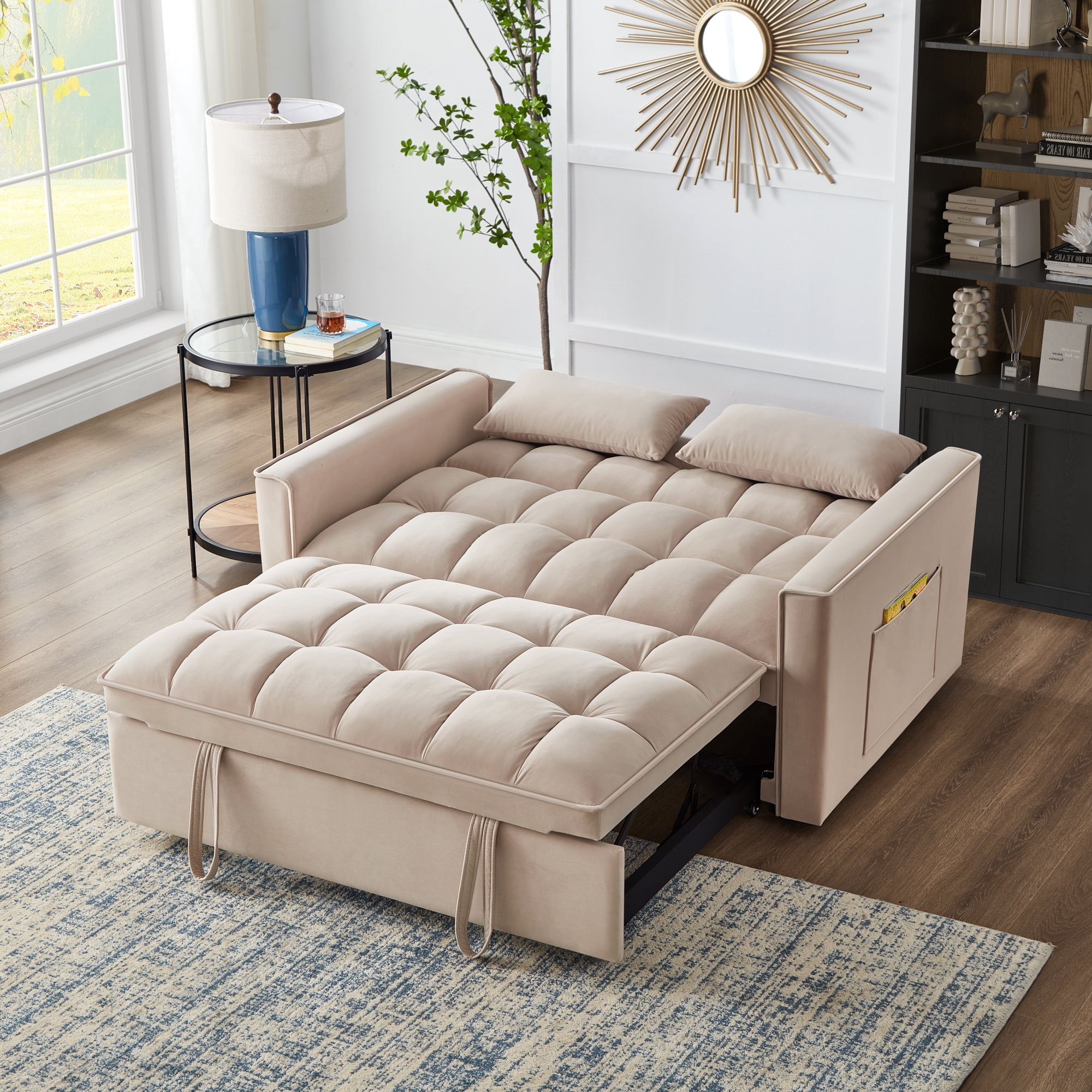 3 in 1 Convertible Sleeper Sofa Bed, 53" Modern Convertible Sofa Bed with 2 Detachable Arm Pockets,Velvet Pull Out Couch with Pull Out Bed for Living Room Furniture,Taupe