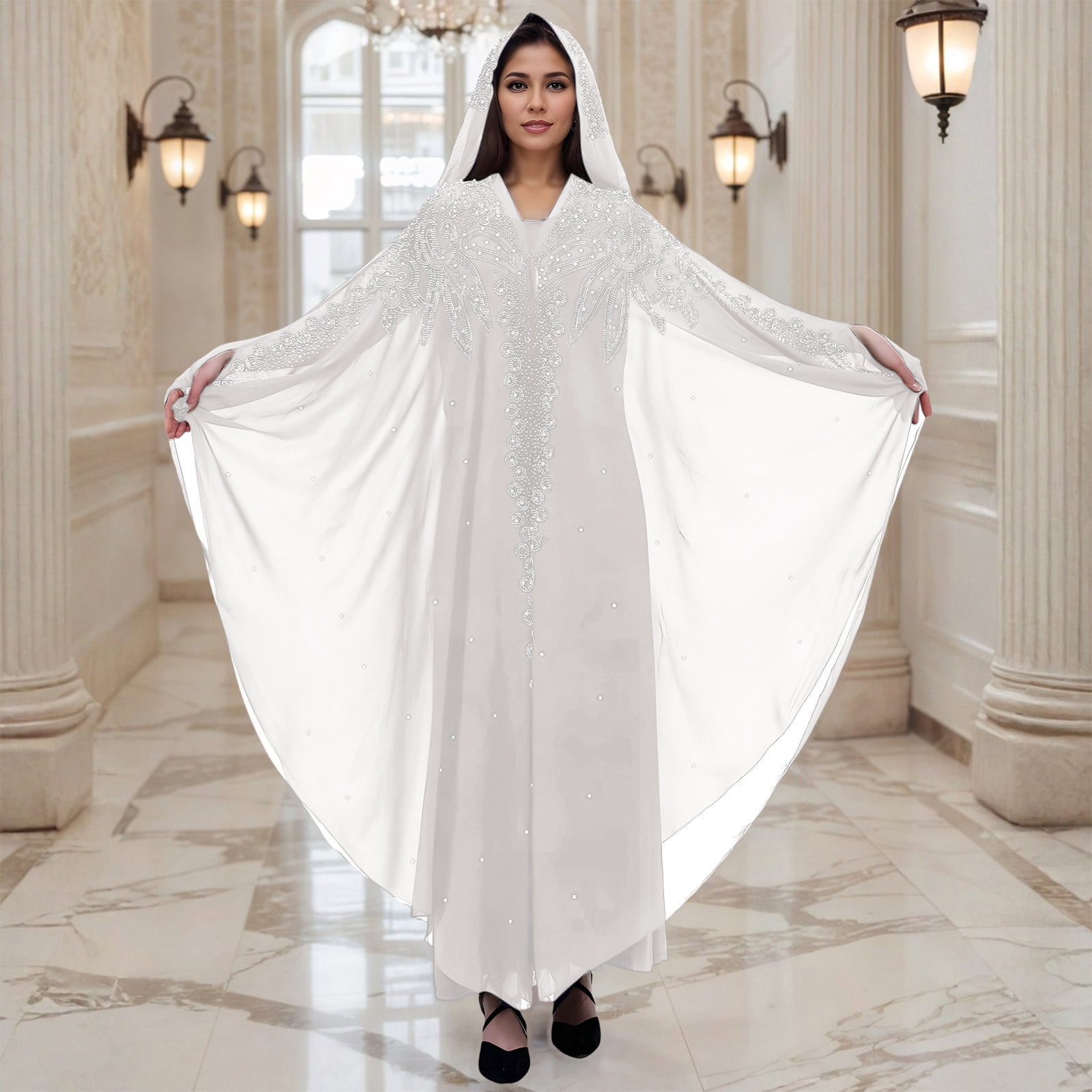 Long Sleeve Shirts for Women, Muslim Dress for Women Loose Batwing Sleeved Hooded Beaded Embroidery Long Abaya Dress Kaftan Abayas Islamic Robe