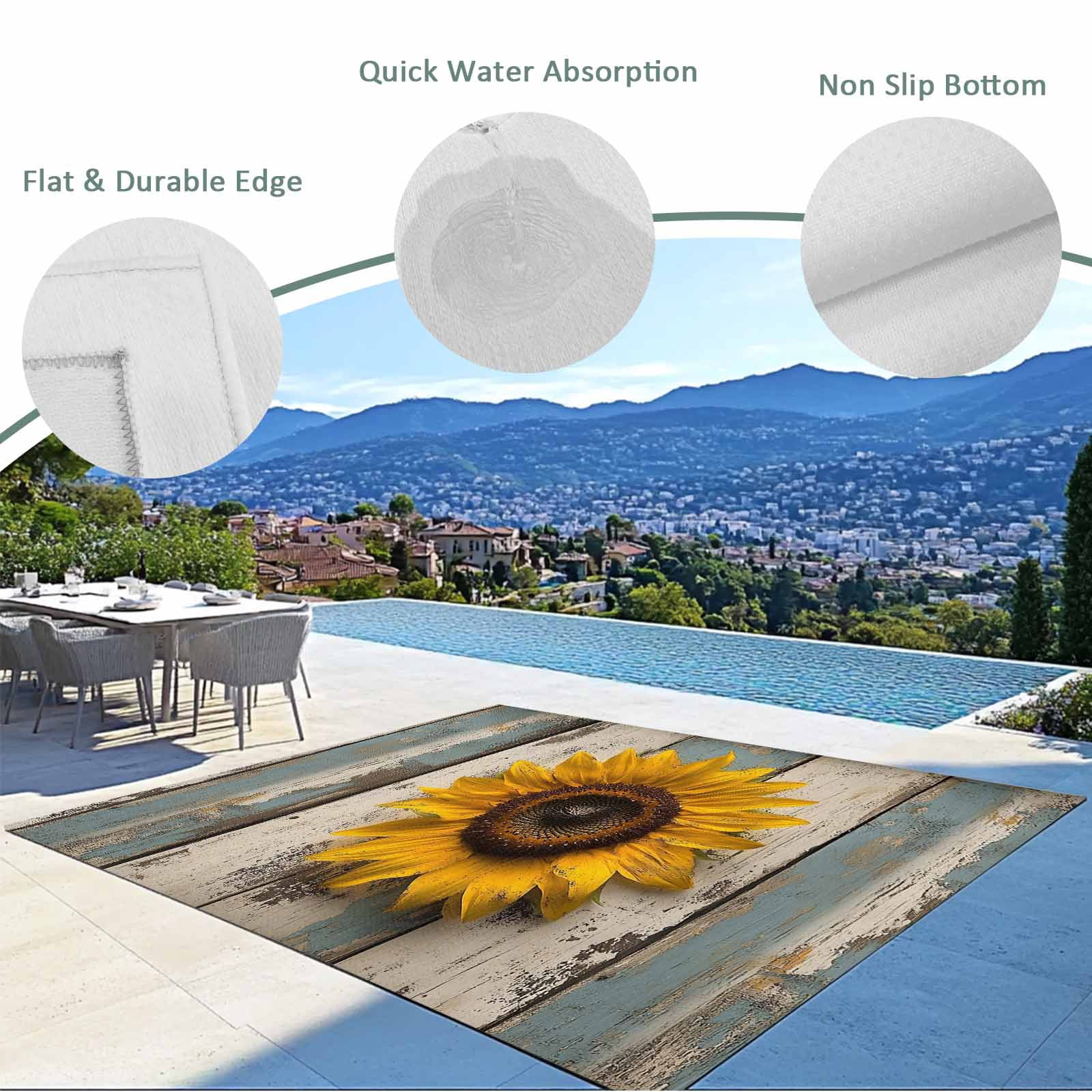 Fsddascl Sunflower Outdoor Rug for Patio/Deck/Porch, Non-Slip Large Area Rug 4 x 6 Ft, Yellow Vintage Summer Botanical Wooden Indoor Outdoor Rugs Washable Area Rugs, Reversible Camping Rug Carpet