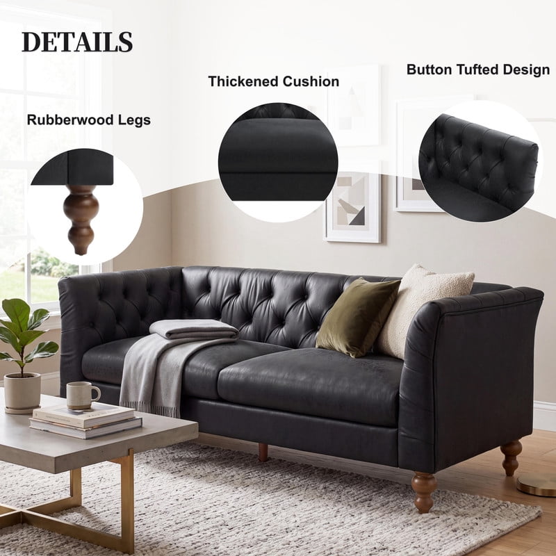 Chesterfield PU Leather 3-Seater Sofa, Upholstered Couch with Flared Arms, Tufted Back & Solid Rubber Wood Legs