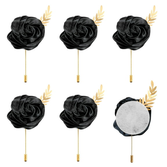 6pcs Black Rose Boutonnieres Flower Buttonholes Pocket Boutonnieres Pins with Leaf for Wedding (4.7 x 2 Inch)