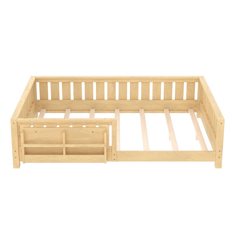 Bellemave Queen Size Floor Bed with Bookshelf, Wood Montessori Beds with Slats and Safety Guardrail, Low Profile Queen Bed Frame with Fence, No Box Spring Needed (Light Natural)