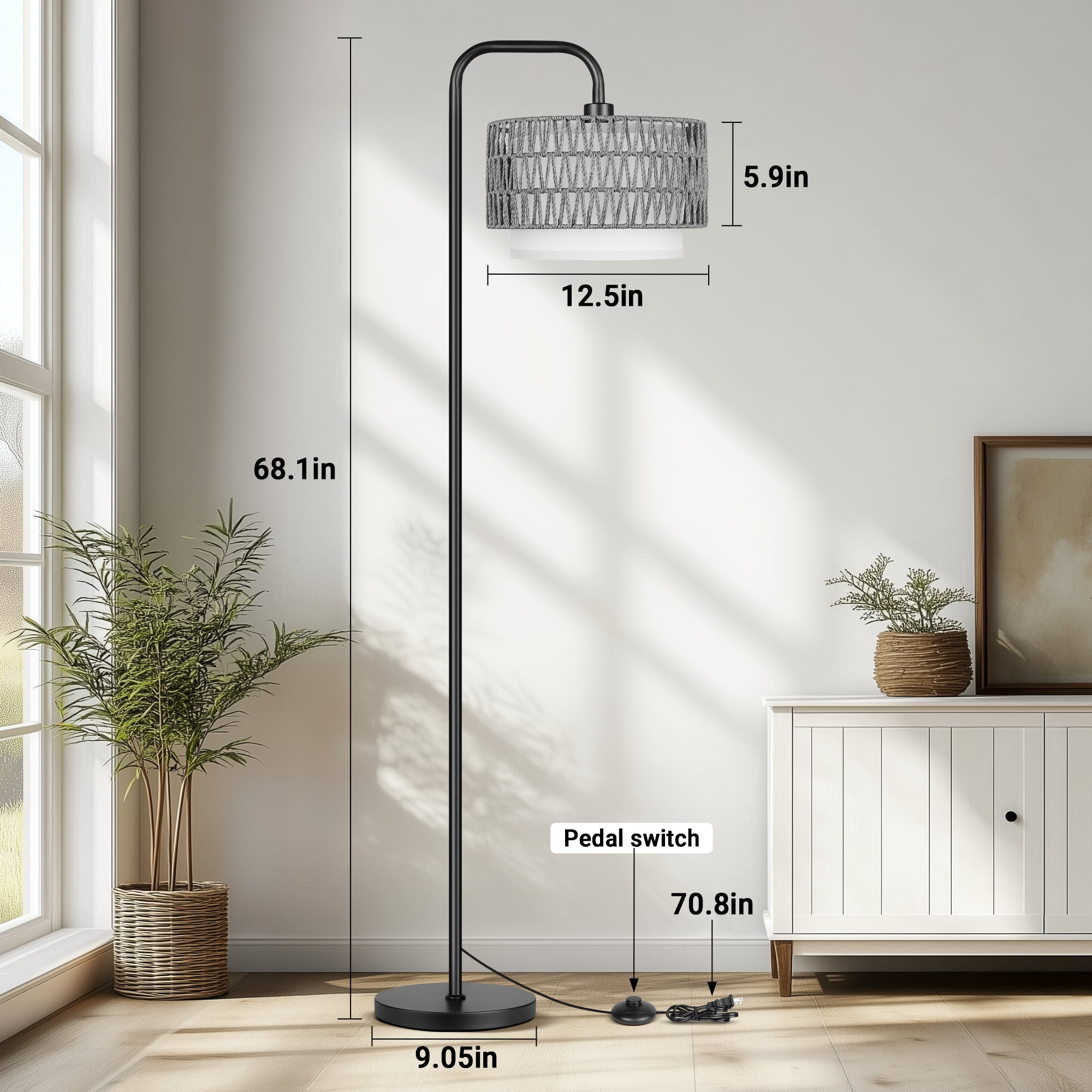 SparkGlowy 68‘’Floor Lamp for Living Room, Tall Standing Lamp with Remote 3 Color Temperatures Dimmable Bulb, Gray Rattan and Fabric Dual Shades