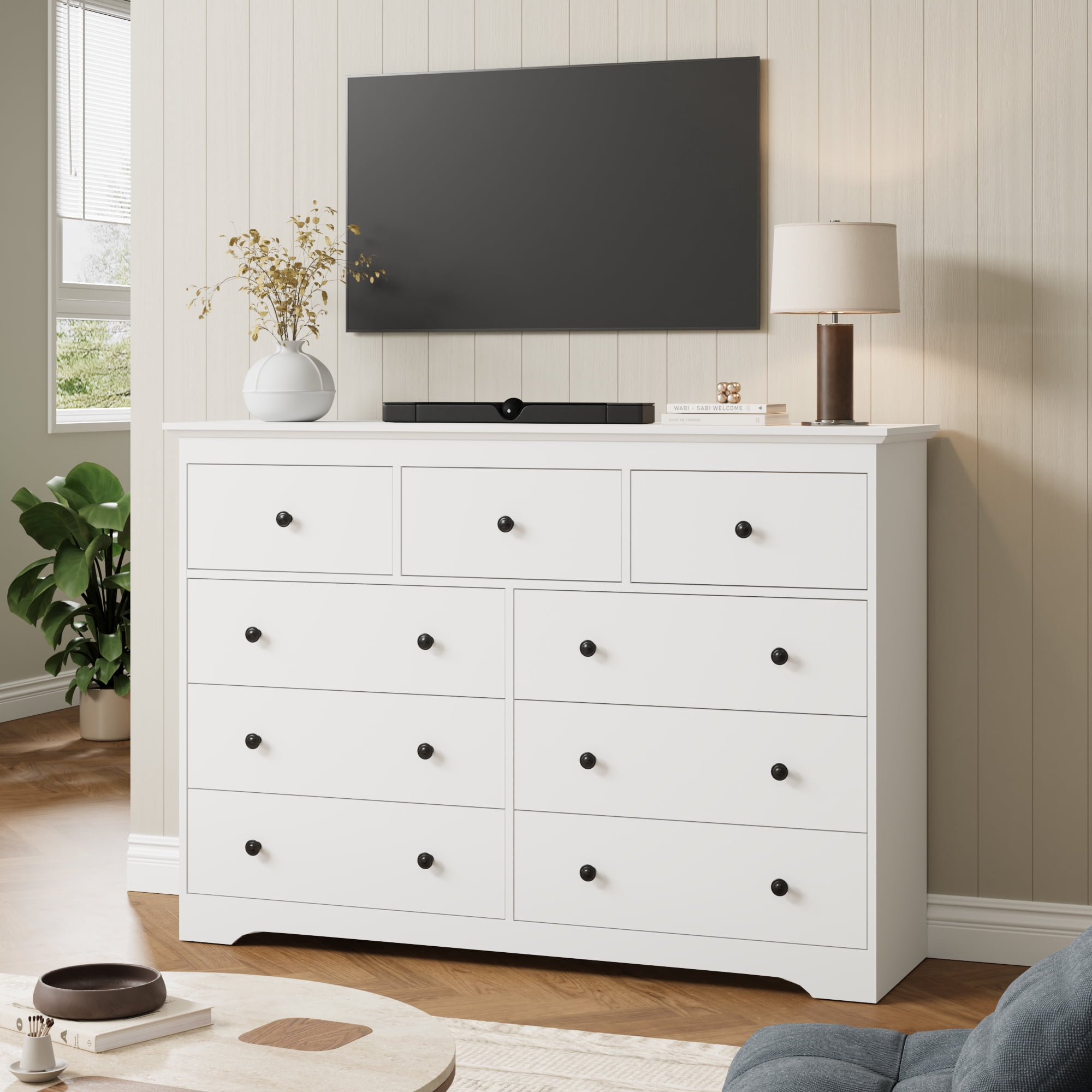 YouTrend 55.1" Wide Dresser for Bedroom, 9 Drawer Dresser with Large Drawers, Dresser for TVs Up to 65",White