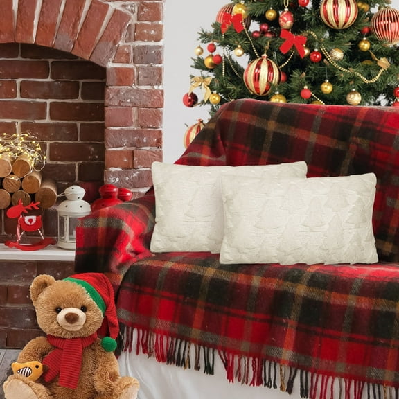 HonorHut Christmas Throw Pillow Covers Jacquard Embroidered Christmas Tree Pillowcase Decorative Rectangle Cushion Covers Faux Fur Pillow Cover Set of 2 White 12x20 Inch