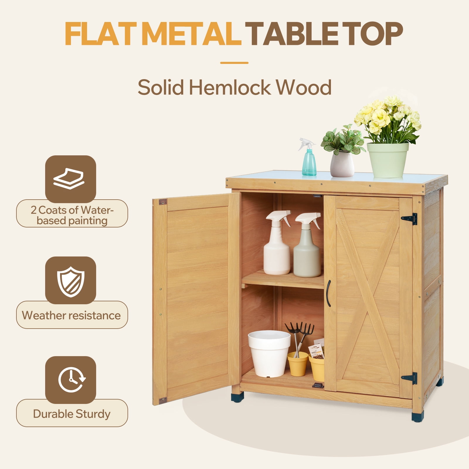 Potting Bench with Storage Cabinet, Metal Table Top for Outdoor Patio Outdoor Work Station, Gray