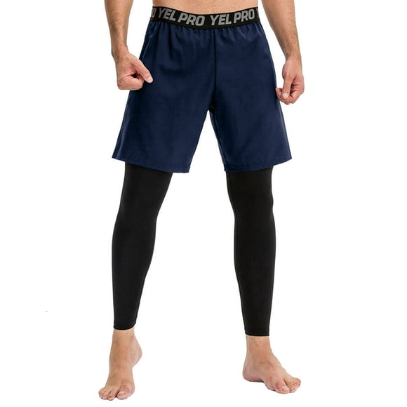 Men 2-in-1 Running Pants Elastic Waist Pockets Stretchy -wicking Leggings Athletic Workout Tights