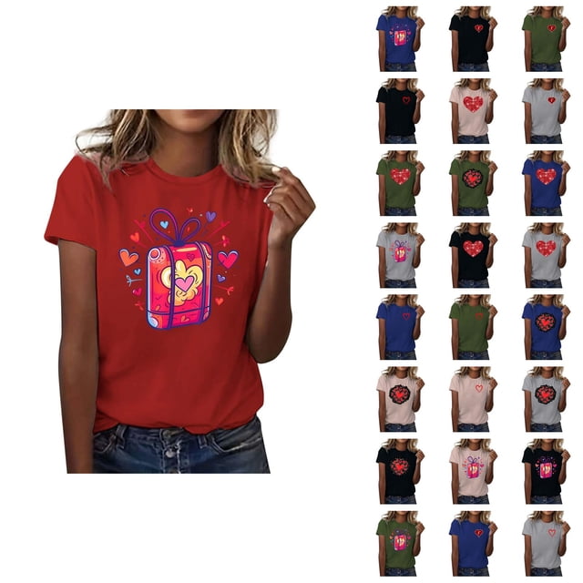 T-shirts de la Saint-Valentin pour Femmes 2026 Mode Manches Courtes Col Rond Cœur Graphique