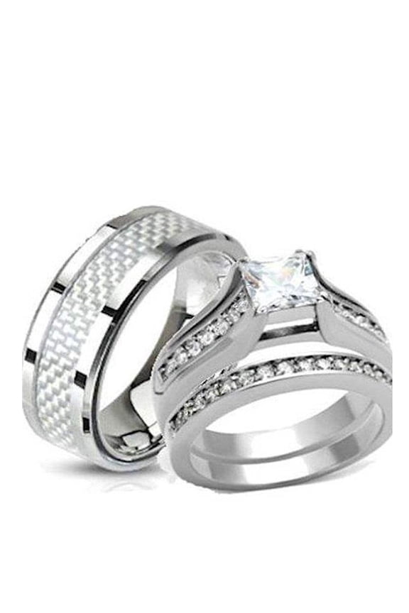 His and Hers Wedding Rings Stainless Steel Princess Cut CZ Wedding Ring Set