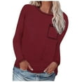 thumbnail image 2 of Sakmal Red Summer Tops for Women Long Sleeve Pocket Solid Crew Neck T-Shirts Ladies Shirts and Tops, 2 of 6