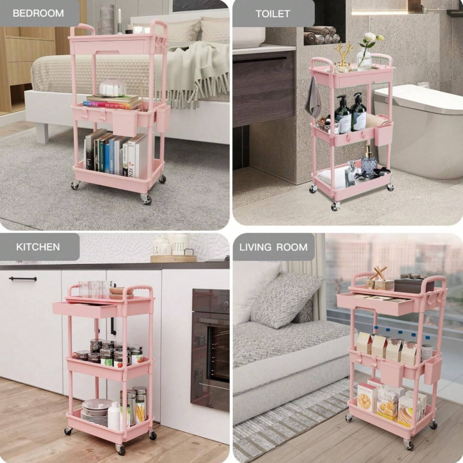 NTGFU 3 Tier Rolling Storage Cart with Drawers Rolling Utility Cart with Drawers,Room Decor,Bathroom Decor,Rolling Utility Cart Rolling Storage Organizer Tool for Kitchen,Pink