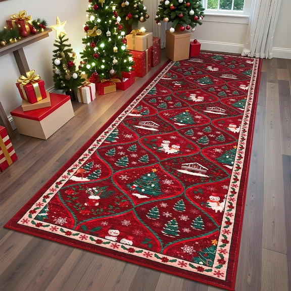 Hasoo Christmas Home Decor Tree Geometric Area Rug Washable 2' x 8' Modern Rug for Hallway Enterway Indoor Red Carpet