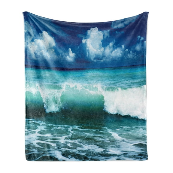 Ocean Soft Flannel Fleece Throw Blanket, Caribbean Island Coast Seascape Waves Water Splash Surfing Sports Theme, Cozy Plush for Indoor and Outdoor Use, 50" x 70", Aqua Navy Blue White, by Ambesonne