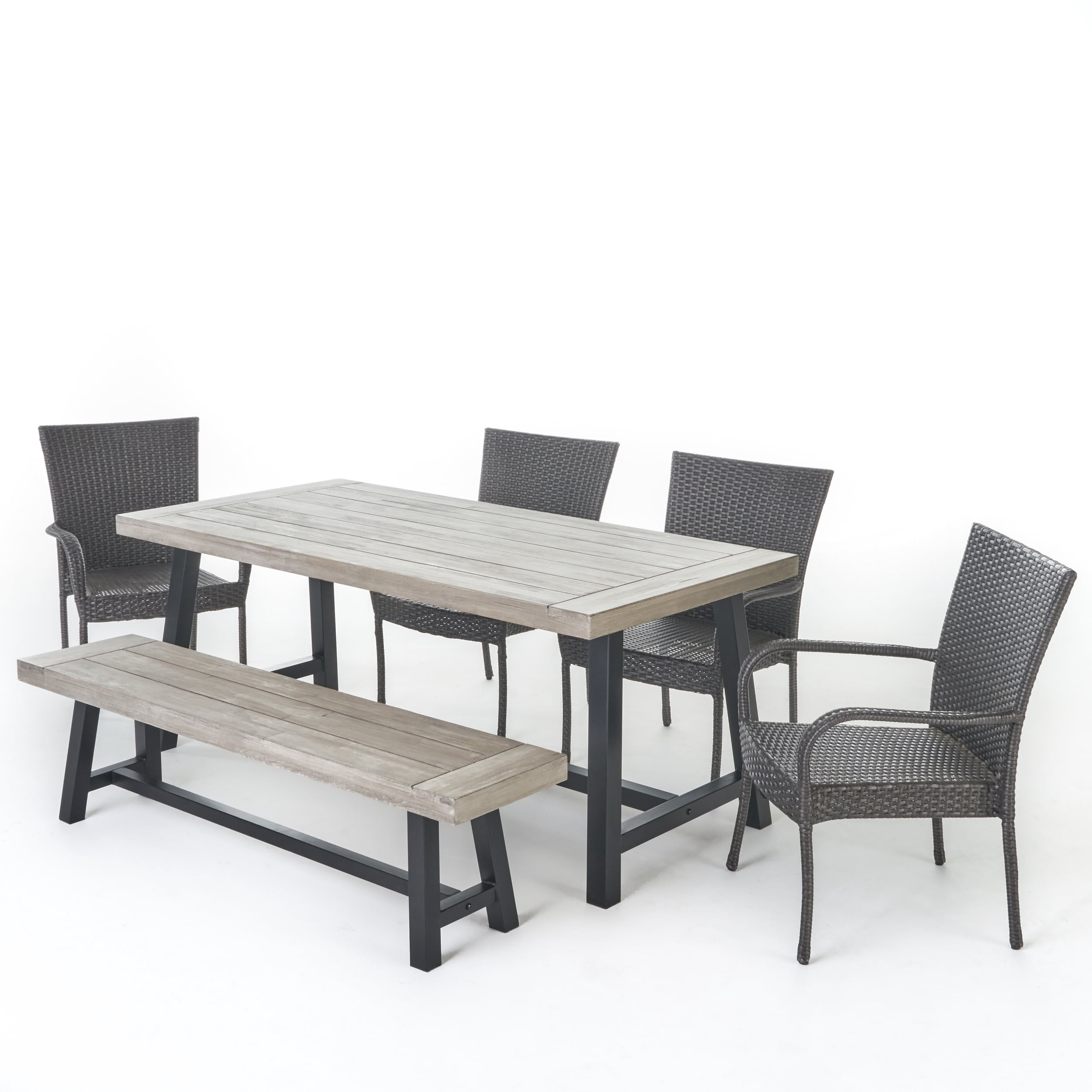 Anson Outdoor 6 Piece Stacking Wicker Dining Set with Acacia Wood Table and Bench, Sandblast Light Grey, Black Rustic Metal, Grey