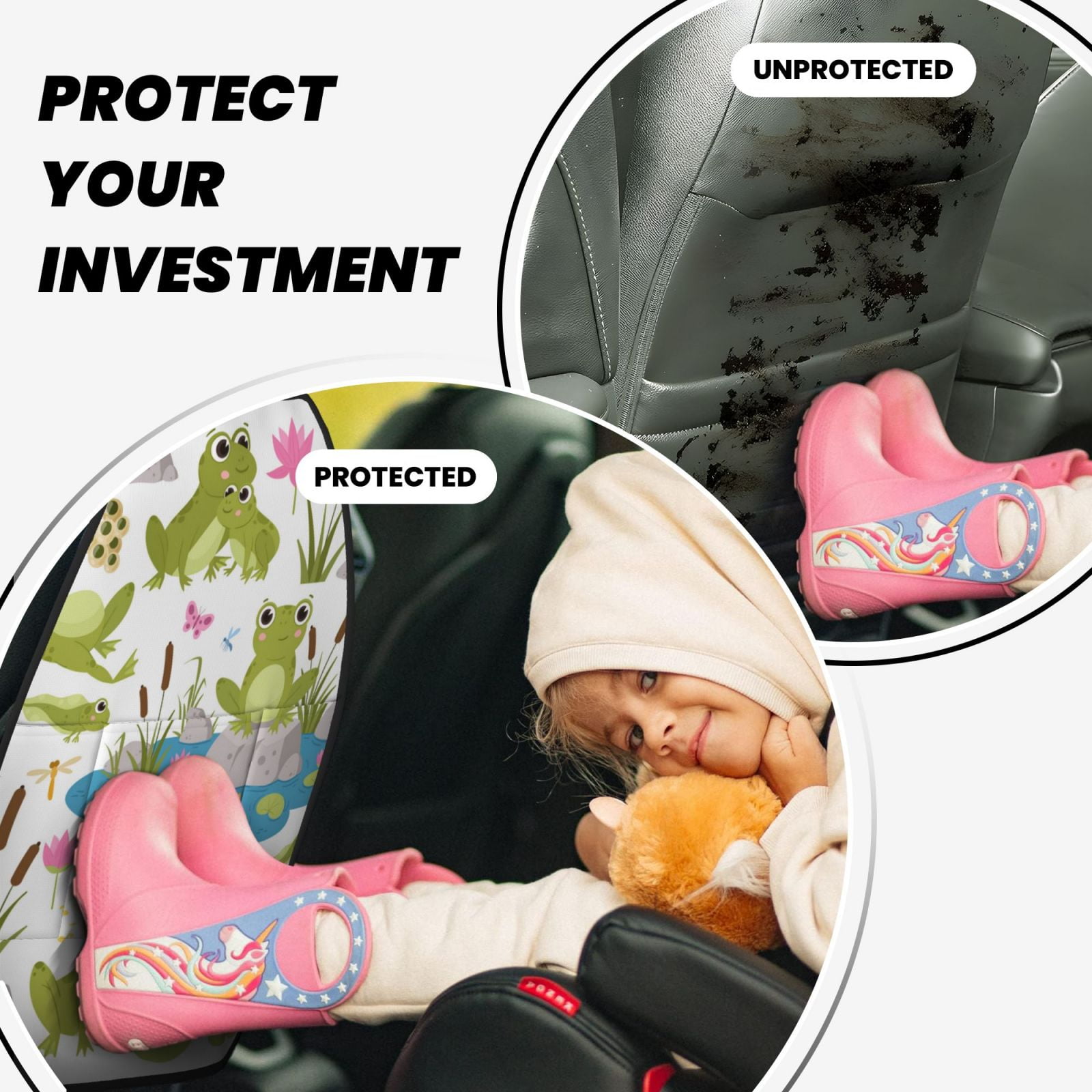 Xecao Cartoon Frogs Pattern Car Seat Back Protector 2 Pack Large Capacity Pocket, Kick Mats Back Seat Protector