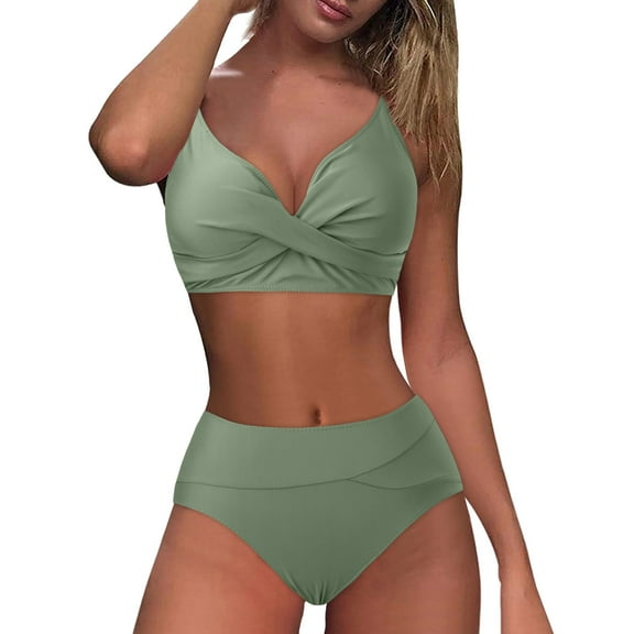 Ecqkame Two-piece Tummy Control Bikini Set for Women High-Waisted Wrapped Push Up Swimsuits Padded Crop Tops Bathing Suits Army Green XXL