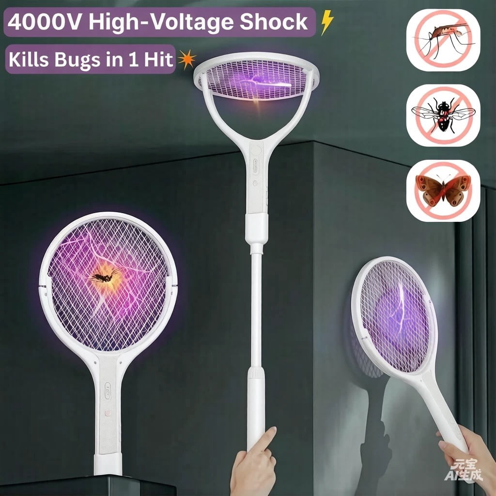 Upgreded 4000V Electric Fly Swatter Racket Rechargeable Bug Zapper For Indoor