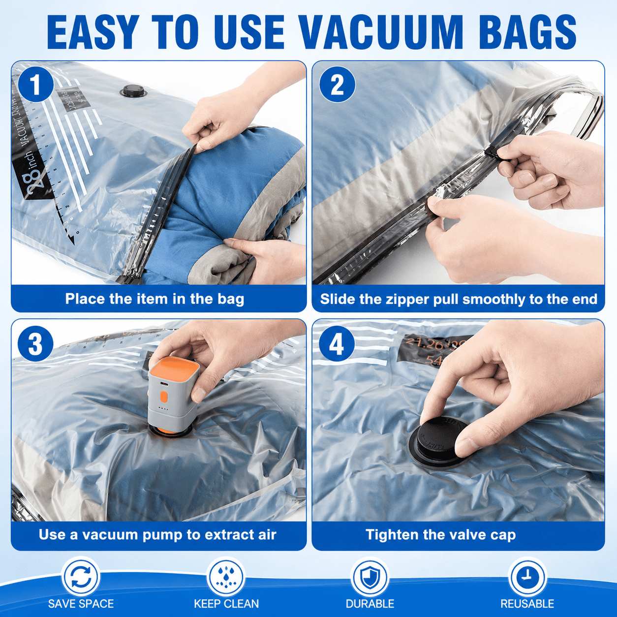 KAIPARA Vacuum Storage Bags with Electric Pump, 12 Pack Space Saver Bags for Clothes, Blankets & Seasonal Storage, 4 Small, 4 Medium, 4 Large