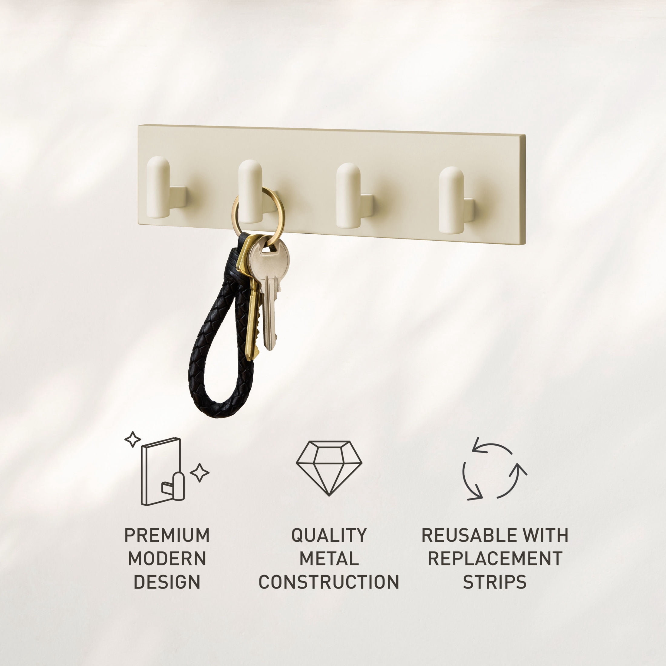 Command Decor Metal Key Rail, Light Beige, Strong Hold, 1 Hook Rail, 8 Small Adhesive Strips