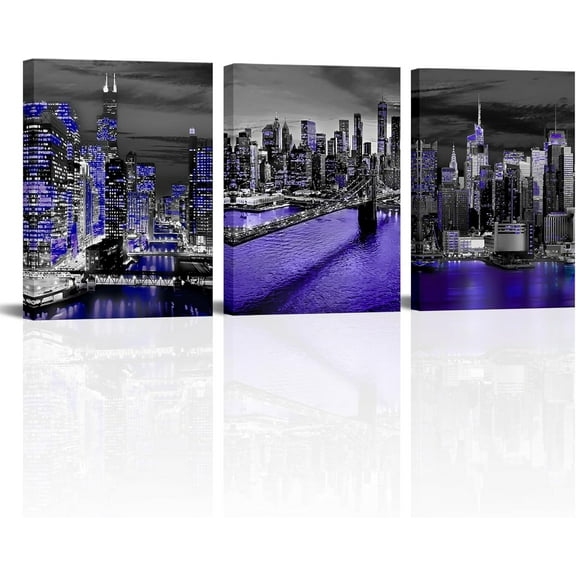 Hieng 3Pcs Cityscape Canvas Wall Art, Black White Building Lake Water Bridge Cityscape Prints Canvas Wall Decor, 12"x16" Modern City Landscape Printing Artwork for Home Living Room Bedroom Office