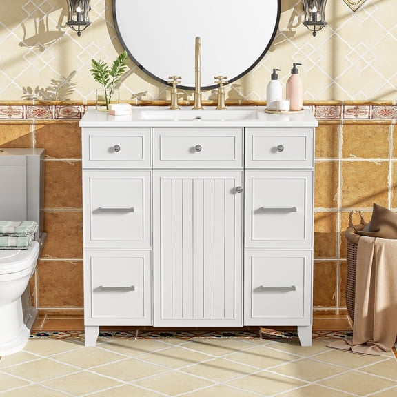 36" White Bathroom Vanity with Ceramic Sink - Solid Wood Frame, Soft Close Doors, 3 Drawers ,Adjustable Shelves, Overflow Protection