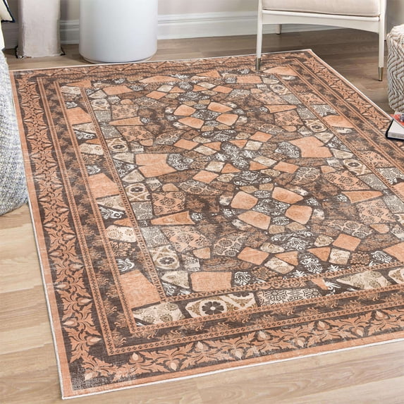Modern Decorative Rug, Bohemian Pattern of Vintage Floral and Pebble Like Designs Asymmetric Forms, Quality Carpet for Bedroom Dorm and Living Room, 6 Sizes, Dark Brown Peach, by Ambesonne