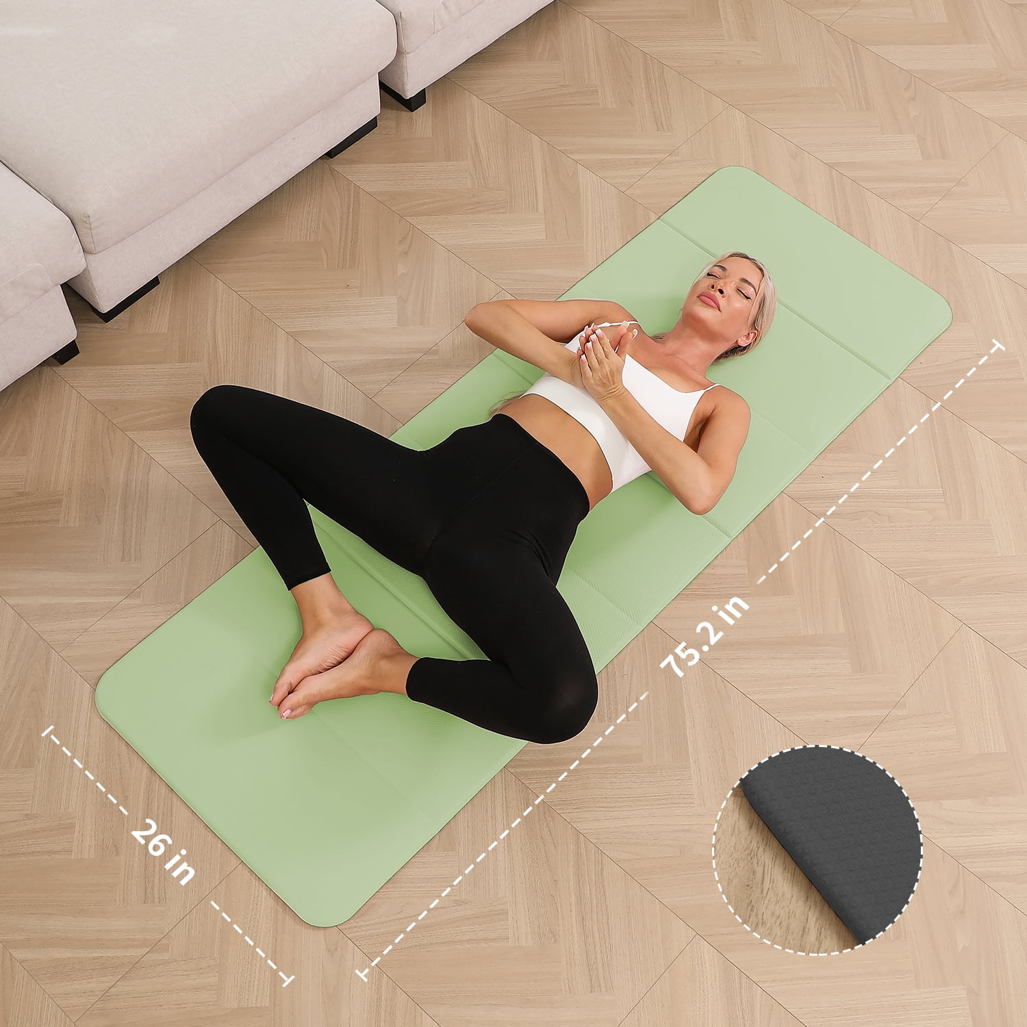 Frach Foldable Yoga Mat Pilates Exercise MatEco TPE 0.4 Inch Thick for Workouts Travel and Home,Quick Fold Stable Grip 75"x26"(Green+Black)