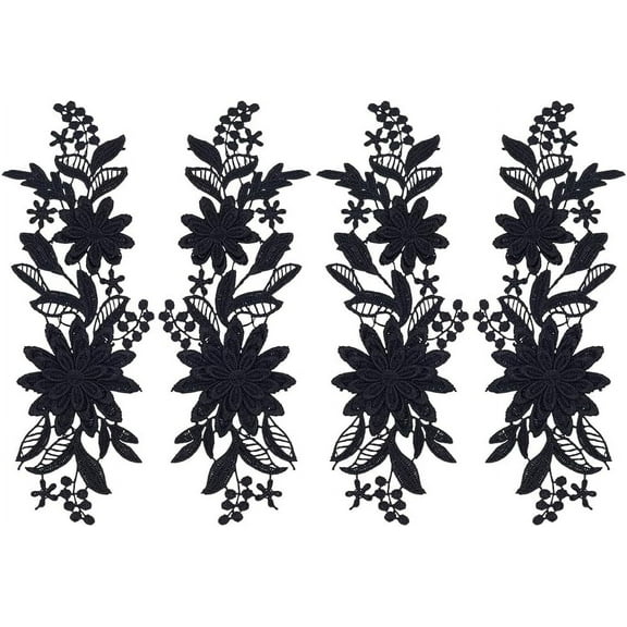 2pairs 2 Pair Flower Lace Applique Black Embroidery Applique Floral Craft Lace Trim Embellishments Sew on Patches Sewing Fabric Trim for Wedding Dresses Clothes Decoration 9.5x2.9 Inch