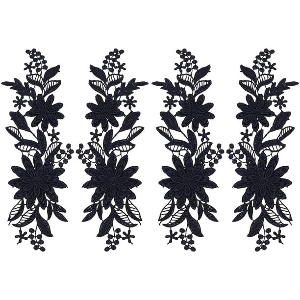 2 pares de apliques de encaje de flores, apliques bordados negros, adornos de encaje floral para manualidades, parches para coser, adornos de tela para coser
