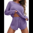 thumbnail image 3 of Conjunto de Pijama de Punto Gofre para Mujer: Camiseta de Larga y Pantalones Cortos, Conjunto Deportivo con Bolsillos Púrpura XL, 3 of 9