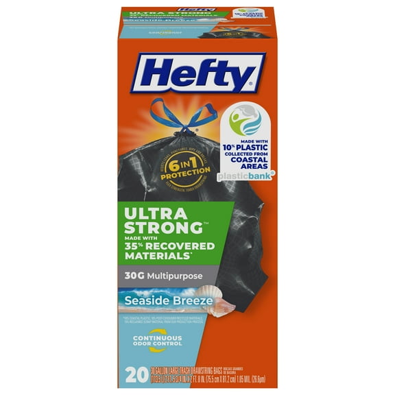 Hefty Ultra Strong Trash Bags, Seaside Breeze, Made with 20% Post-Consumer Recycled Materials, 30 Gallon, 20 Count