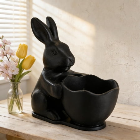 Easter Bunny Holding Basket Ornament Plastic Black White Multicolor Cute Bunny Figurine Basket for Easter Egg Candy Holder Mini Plastic Decorative Basket for Desktop Party Preference