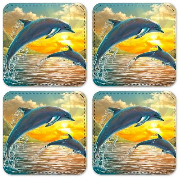 Vinyl Drink Coasters - Set of 4 - Dolphins At Sunset