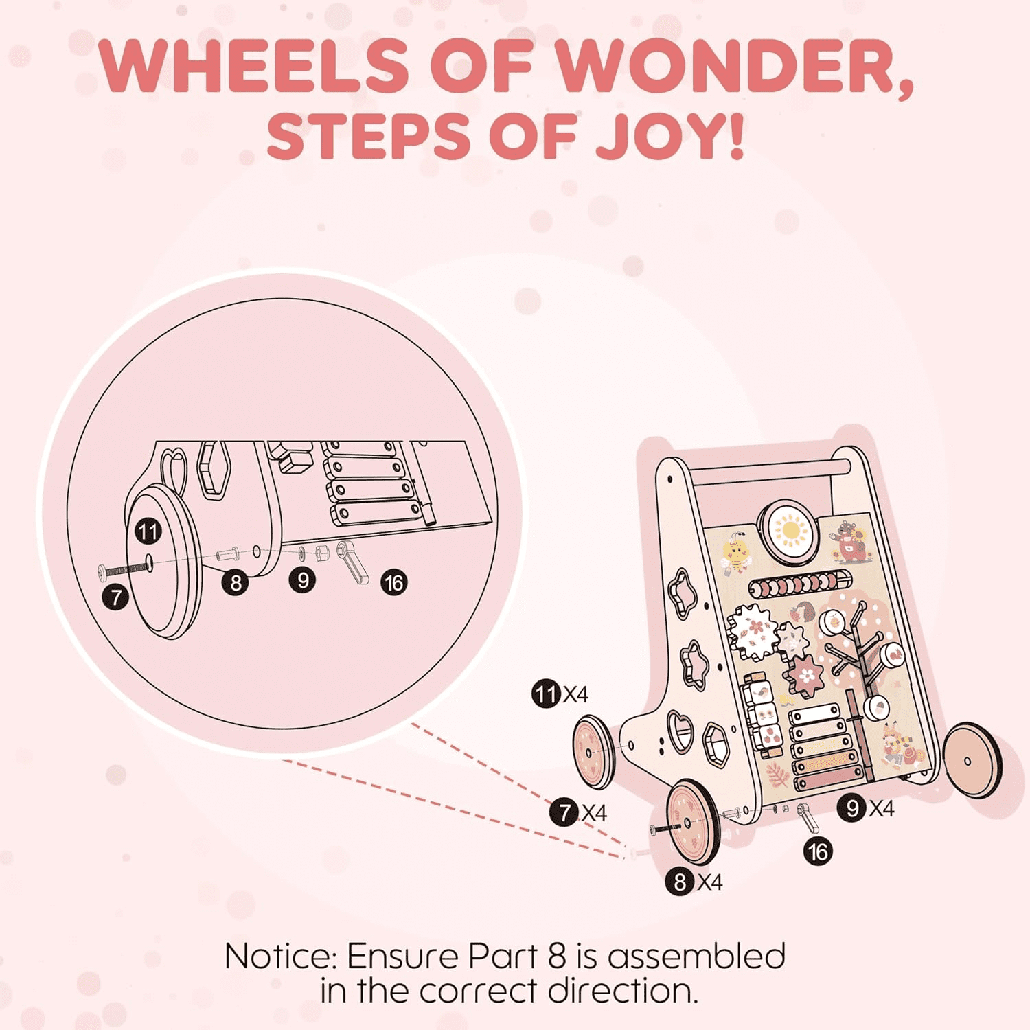 Robud Wooden Baby Walker, with Wheels, Montessori Push Toys for Babies Learning to Walk, Baby Walkers Activity Center for Boys and Girls,Pink