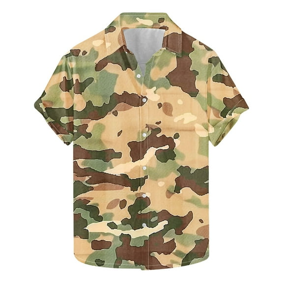 AHTJRT Stylish Men's Camouflage Print Button Down Short Sleeve Shirt Camouflage 2XL